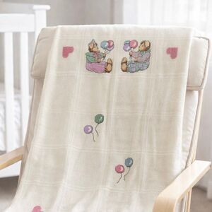 Handmade Vtg Baby Blanket Wool Blend | Nursery Crib Throw Teddy Bears Balloons